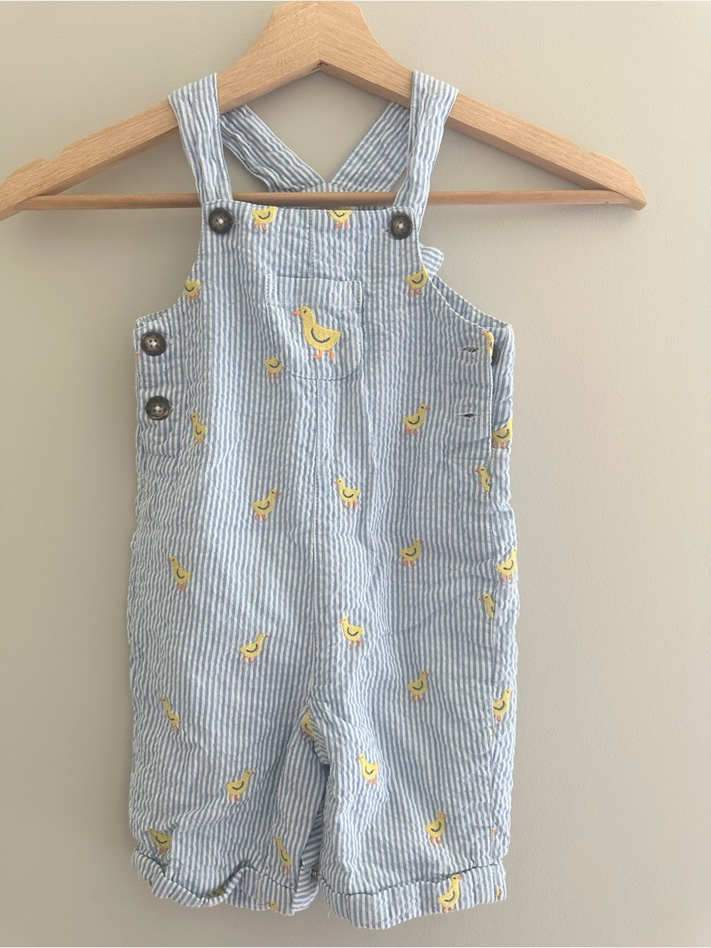 JoJo Maman Bébé Duck Embroidered Seersucker Overall, 18–24M